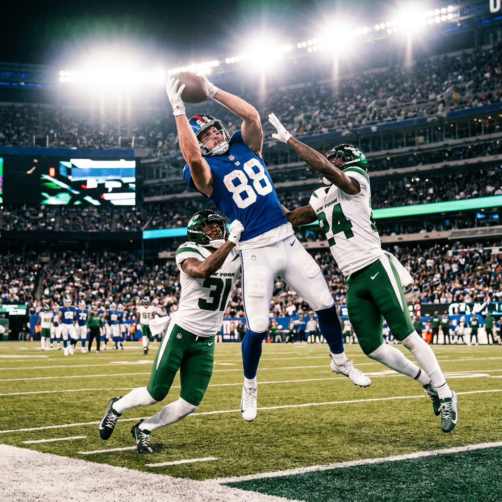 Football player in blue jersey leaping to catch ball with two defenders in white and green attempting to block